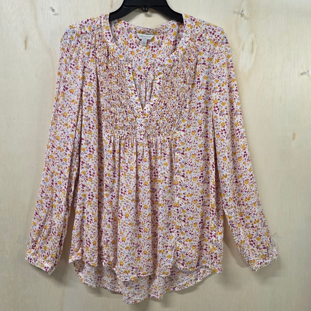 Lucky Brand Womens Floral Smocked V-Neck Long Sleeve Boho Blouse Multicolor L